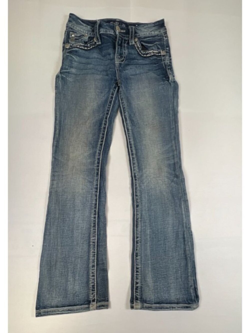 Miss Me Women 25 Mid Rise Bootcut Blue Denim Distressed Embellished Cross Jeans